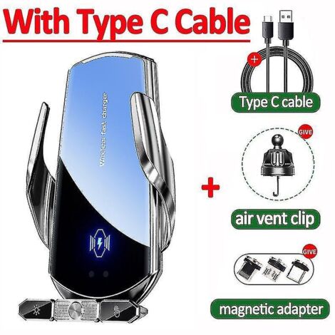 Chargeur sans fil pour voiture 120 W, support magnétique automatique pour téléphone, compatible avec iPhone 14, 13 et 11, Samsung et Xiaomi, charge rapide – Câble inclus (argenté)