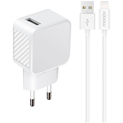 Chargeur secteur 1 USB-A 2.4A Fast Charge+ câble USB-A/MFI - 100% plastique recyclé 1,2 m - blanc