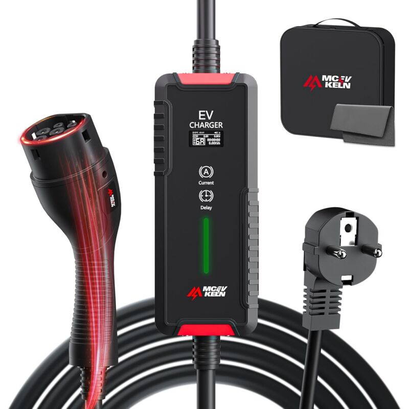 Chargeur Type 2 3.6KW Chargeur Voiture Electrique avec Schuko, Courant Commutable 6 a 16A, IP65 5M EV Cable de Recharge Type 2, IEC 62196-2 EVSE avec