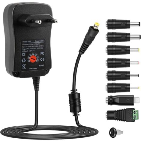 Chargeur Universel 30W Secteur 3V-12V, AC à DC 3V 4.5v 5V 6V 7.5v 9V 12V 2A Power Supply, Adaptateur Universel de Transformateur d'alimentation Découpage, avec 8 DC Connecteurs pour Router CCTV Cam