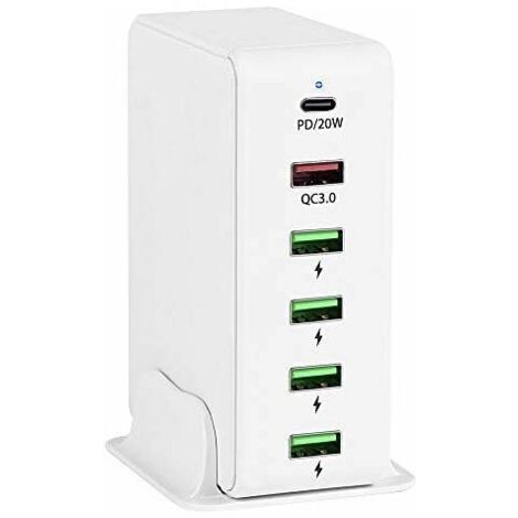 Chargeur USB 65W 6 ports – Charge rapide USB-C 20W et Quick Charge 3.0 – Compatible iPhone 12 Mini, Xiaomi Redmi Note 10 Pro - 6-Ports