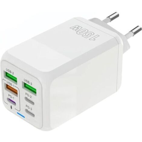 Chargeur USB C, 150W 6 Ports USB C Prise de Charge Rapide, Chargeur à 6 Ports (Port 3PD Type C + Port USB A 3QC), Compatible avec iPhone 11/12/13/14/15 series/XS/XR/8/iPad