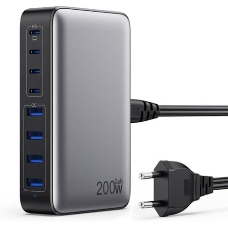 Chargeur USB-C 200 W, chargeur rapide avec technologie GaN III, 8 ports PD QC PPS, compatible avec les ordinateurs portables (65 W)