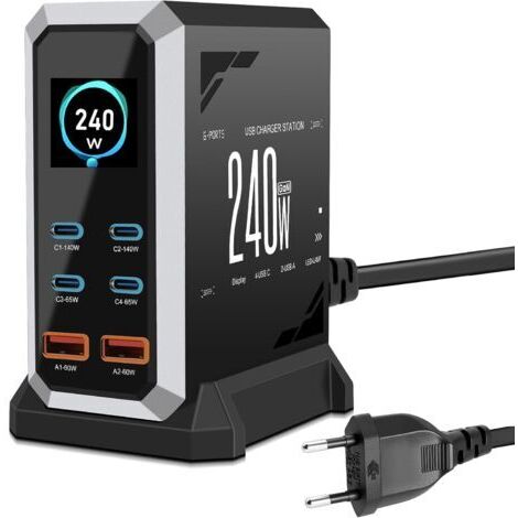Chargeur USB C 240 W avec 6 ports, GaN 3 USB Chargeur rapide multiple avec 4 ports USB-C et 2 ports USB-A, PD140 W, 65 W, 60 W Power Delivery Station de charge USBC pour MacBook Pro/Air, iPhone, iPad