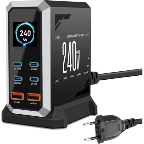 Chargeur USB C 240 W avec 6 ports, GaN 3 USB Chargeur rapide multiple avec 4 ports USB-C et 2 ports USB-A, PD140 W, 65 W, 60 W Power Delivery Station de charge USBC pour MacBook Pro/Air, iPhone, iPad