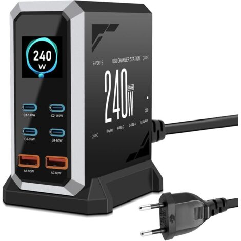 Chargeur USB C 240 W avec 6 ports, GaN 3 USB Chargeur rapide multiple avec 4 ports USB-C et 2 ports USB-A, PD140 W, 65 W, 60 W Power Delivery Station de charge USBC pour MacBook Pro/Air, iPhone, iPad