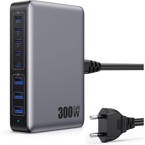 Chargeur USB C 300 W, chargeur rapide 8 ports, station de charge USB 100 W, alimentation PD PPS USB C pour ordinateur portable, MacBook, iPad, iPhone 16/15/14, Samsung, etc. - Noir