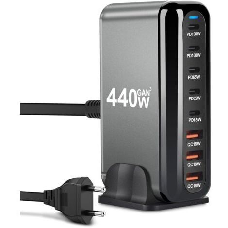 Chargeur USB C 440W 8 Ports, GaN III Station de Charge, USB c Charger avec 5xUSB-C PD + 3xUSB-A QC4.0, Chargeur Rapide pour Phone 16/15/14 Pro Max, Samsung Galaxy, MacBook, Pad, Laptop