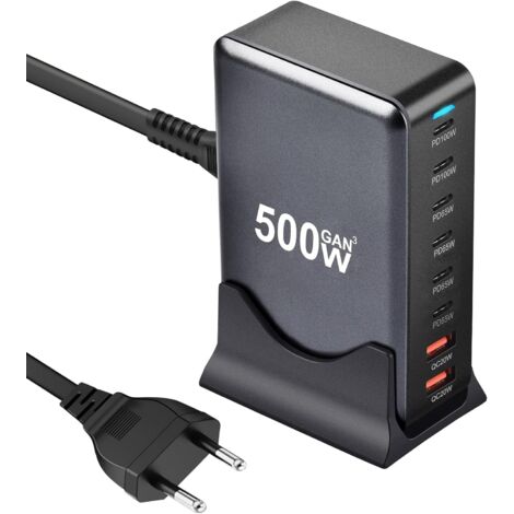 Chargeur USB-C 500 W - Station de Charge Rapide avec 6 USB-C et 2 Ports USB-A PD PPS 100 W - Bloc d'Alimentation pour MacBook Pro/Air, Samsung