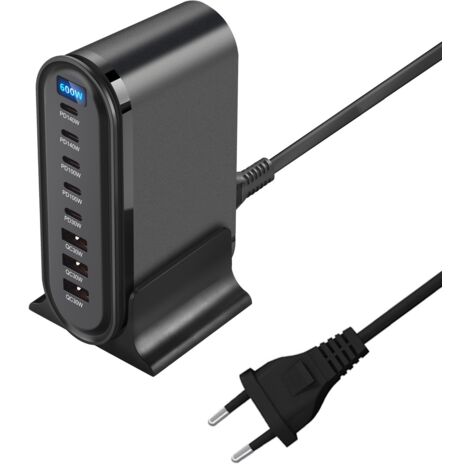 Chargeur USB C 600 W, station de charge rapide à 8 ports avec chargeur 6-C et 2-A, alimentation PD PPS 100 W pour MacBook Pro/Air, iPad Pro/Air, Samsung, etc. - Noir