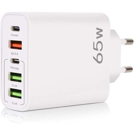 Chargeur USB C, 65W 5 Ports Chargeur USB C avec Chargeur Rapide Intelligent QC 3.0, Adaptateur d'alimentation USB pour iPhone 15 14 13 12 11 Pro Max SE 2020 XS XR 8 7, Samsung