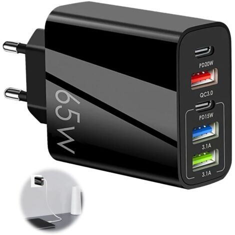 Chargeur USB C 65W 5 Ports Prise Chargeur USB Multiple Chargeur Rapide avec Double QC 3.0+PD 3.1A Type C Fast Charger Universel Secteur Adaptateur pour iPhone 15 14 13 12 11 Pro Max Samsung Xiaomi