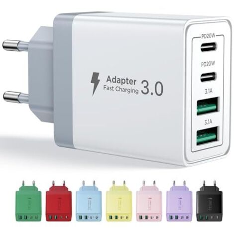 Chargeur USB-C - Adaptateur Secteur 40 W - 4 Ports (2 USB-C + 2 USB-A) - Compatible iPhone iPad Samsung Huawei - Charge Rapide PD 3.0 - Blanc