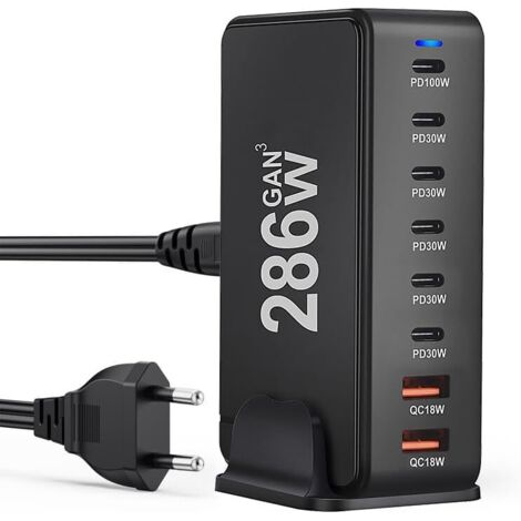 Chargeur USB C : adaptateur secteur USB 286 W 8 ports avec 6 USB-C et 2 USB-A, chargeur rapide PD 3.0 pour MacBook, ordinateur portable, iPhone, iPad, Samsung(Noir,EU)