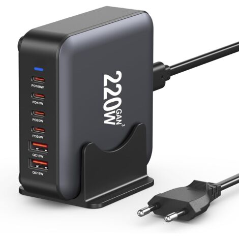 Chargeur USB C Multiple, 220W Station de Charge 6 Ports 【4 USBC + 2 USBA】 Hub Rapide Compact GaN, Bloc d'alimentation PD+QC 3.0 Laptop Charger Compatible avec iPhone/iPad/Samsung/Laptops(Noir,EU)