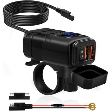Chargeur Usb de Moto ÉTanche, Prise de Chargeur de Voiture Double USB/QC3.0, Prise USB Moto Etanche Charge Rapide avec Interrupteur et Voltmètre LED(lumière bleue)