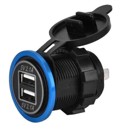 Chargeur USB double 4.2A aluminium noir pour voiture moto bateau, prise avec lumière bleue.