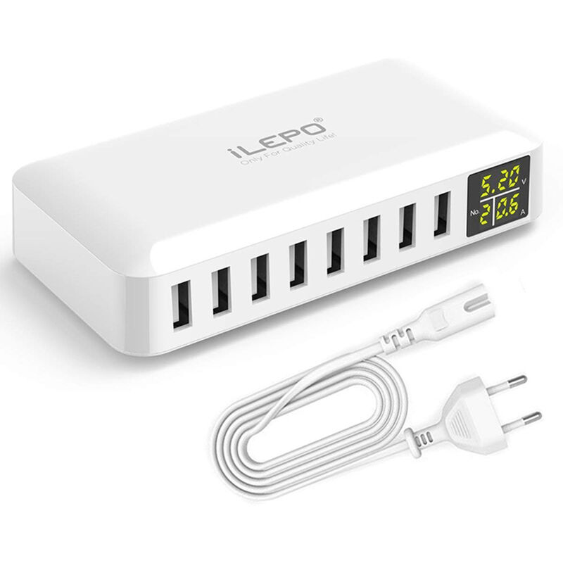 Chargeur USB intelligent 8 ports 50W 8A, concentrateur USB multi-ports, avec écran LCD chargeur mural à charge rapide adaptateur secteur