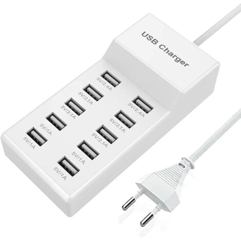 Chargeur USB Multi-Port, Prise d'alimentation USBA 10 Ports Charge Rapide USB Multi-Ports 40W Compatible avec iPhone 12/13/14/15/16/Samsung S21/S22/S23/S24/Xiaomi/Huawei/Oppo/OnePlus/autres appareils(