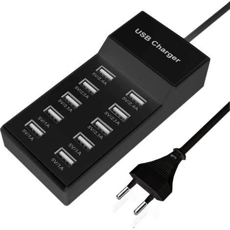 Chargeur USB multiple, 10 ports, 40 W, station de charge multi-ports, compatible avec iPhone 12/13/14/15/16/Samsung S23/S24/Z Flod/Z Flip/iPad/Xiaomi/Huawei/Oppo/OnePlus.(Noir,EU)