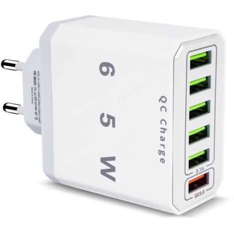 Chargeur USB Multiple, 65W 6 Ports USB Chargeur Rapide avec QC 3.0 Smart Fast Charger, Universel Adaptateur Secteur USBA Chargeur pour 15 Pro Max 14 Plus 13 12 11 SE XR, iPad, Samsung