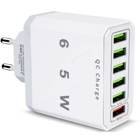 Chargeur USB Multiple, 65W 6 Ports USB Chargeur Rapide avec QC 3.0 Smart Fast Charger, Universel Adaptateur Secteur USBA Chargeur pour 15 Pro Max 14 Plus 13 12 11 SE XR, iPad, Samsung
