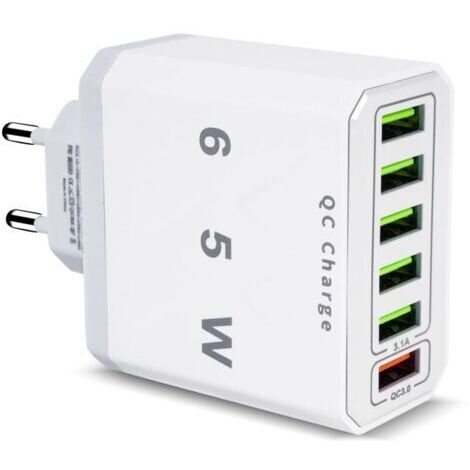 Chargeur USB Multiple, 65W 6 Ports USB Chargeur Rapide avec QC 3.0 Smart Fast Charger, Universel Adaptateur Secteur USBA Chargeur pour 15 Pro Max 14 Plus 13 12 11 SE XR, iPad, Samsung