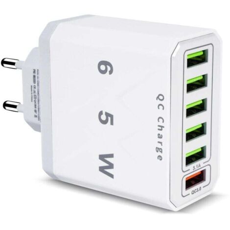 Chargeur USB Multiple, 65W 6 Ports USB Chargeur Rapide avec QC 3.0 Smart Fast Charger, Universel Adaptateur Secteur USBA Chargeur pour 15 Pro Max 14 Plus 13 12 11 SE XR, iPad, Samsung