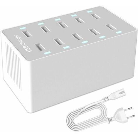–Chargeur USB multiport 50 W à 10 ports –Détection intelligente –Compatible iPhone, Galaxy, tablettes –Matériau ignifuge en PC