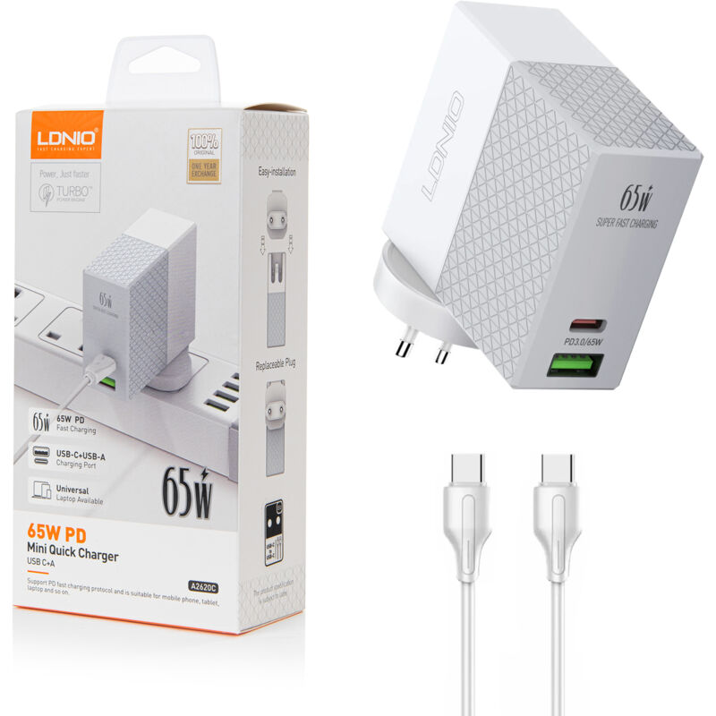 Chargeur USB pour ordinateur portable 65 W PD QC3.0 à 2 ports