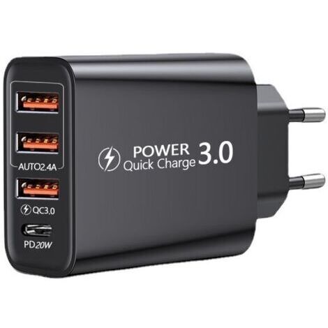 Chargeur USB Quick Charge 3.0 30W – 4 ports – Charge rapide jusqu'à 6A – Inclus câble USB C 3m – Compatible Samsung, Huawei, Xiaomi