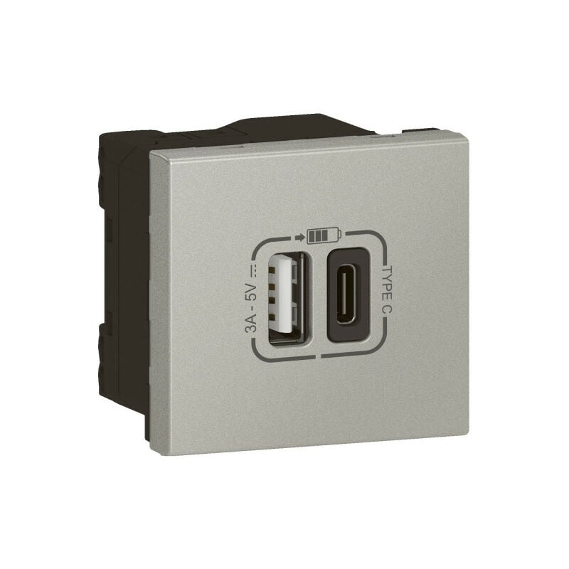 Chargeur usb Type-A + usb Type-C 3A 15W Mosaic Link raccordement latéral 2 modules 230V ou 5V alu (079293L)