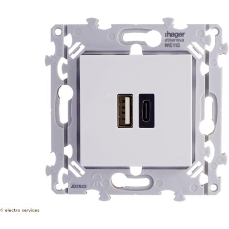 Chargeur double USB 3A type A+C Essensya blanc - Hager