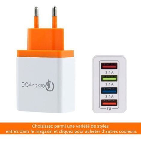 Chargeur USB - Universel - 4 Ports - Charge rapide 3.1A - Compatible iOS et Android - Fiche orange