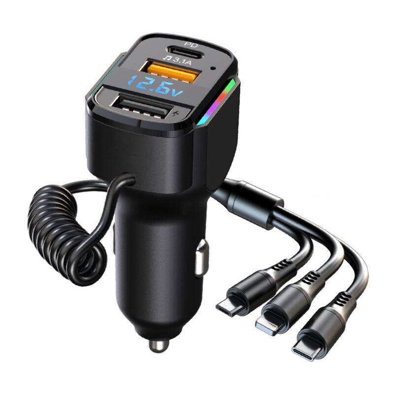 Chargeur Voiture USB C, 5-Ports PD3.0 & QC3.0 Super Rapide Allume Cigare USB C Prise avec 1.2M câble USB, Chargeur Allume Cigare USB C avec LED