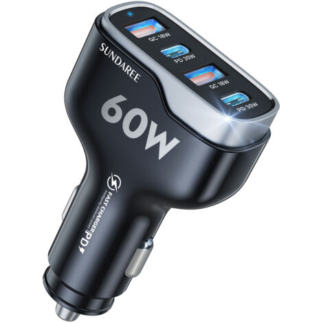 Chargeur Voiture USB C Câble,4 Port 60W 9.6A 12V Rapide Fast Charge Allume Cigare USB Câble Automobile Chargeurs for Samsung Galaxy A02S/iPhone 13/Xiaomi Redmi Note 10/POCO F3/Huawei/Oppo