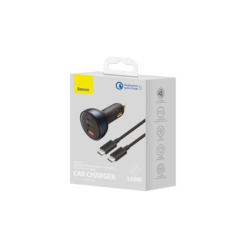 Baseus car chargeur rapide u+c+c, pd 3.0, qc 5.0, pps, (avec c+c câble 100w (20v/1.5a) 1m) 160w, noir (tzcczm-0g)