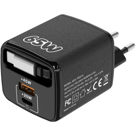 Chargeur voyage multi-port 1PD+USB 65W PD couleur macaron avec câble rétractable, prise européenne pour téléphone-noir