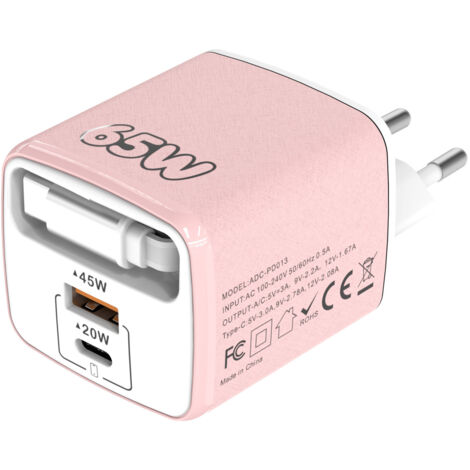 Chargeur voyage multi-port 1PD+USB 65W PD couleur macaron avec câble rétractable, prise européenne pour téléphone-rose
