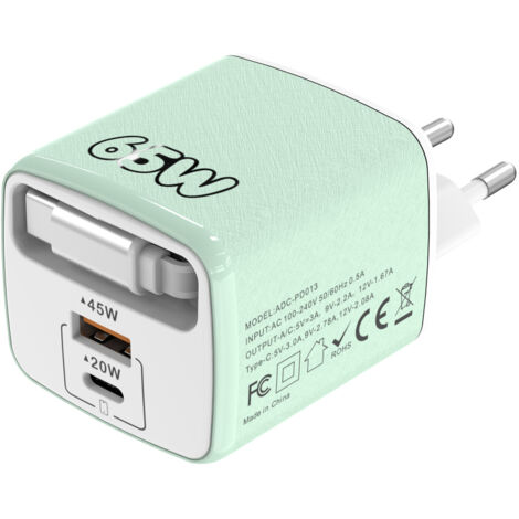 Chargeur voyage multi-port 1PD+USB 65W PD couleur macaron avec câble rétractable, prise européenne pour téléphone-Vert