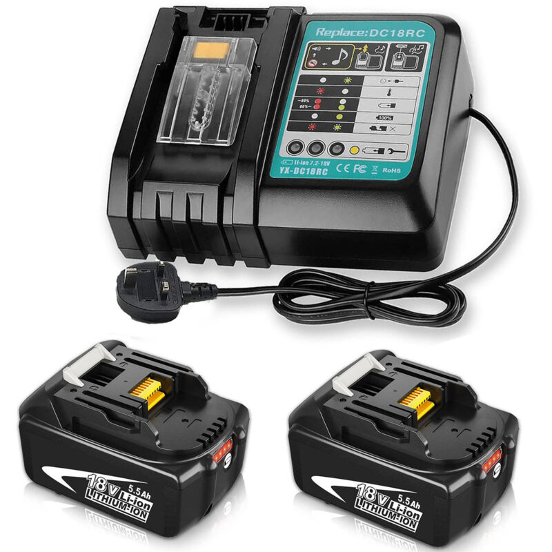 Chargeurs de batterie, 2x batteries 5,5Ah Li-Ion + 1x chargeur rapide DC18RC 14,4V-18V avec protection de sécurité, voyant led et rappel musical,