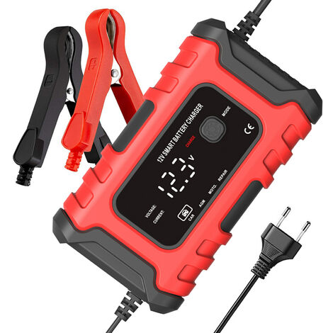Chargeurs de batterie de moto 12V6A Chargeurs de batterie intelligents entièrement automatiques Mainteneur Chargeurs d'entretien portables Désulfateur de batterie (Rouge)