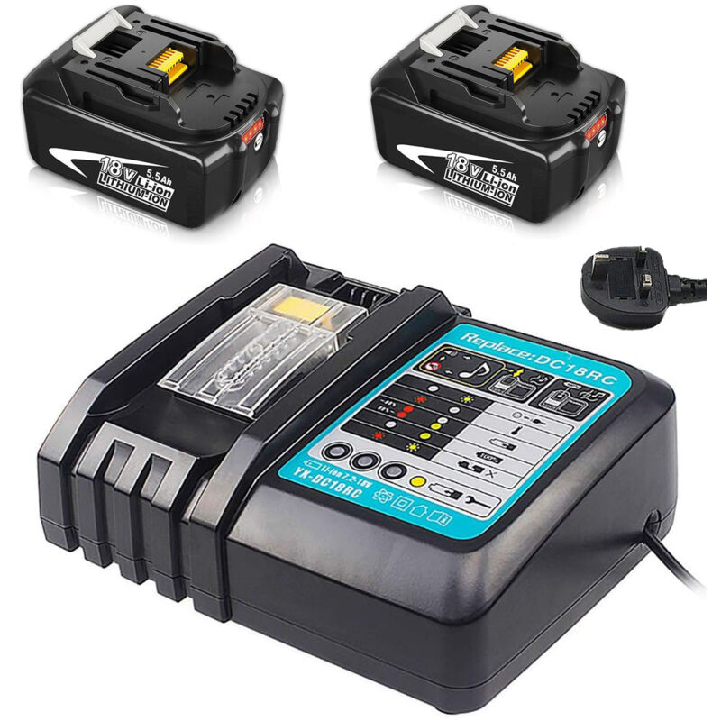 Chargeurs d'outils électriques, 1x chargeur rapide DC18RC 14,4V-18V + 2x batteries Li-Ion 5,5Ah, avec protection de sécurité, voyant led et rappel
