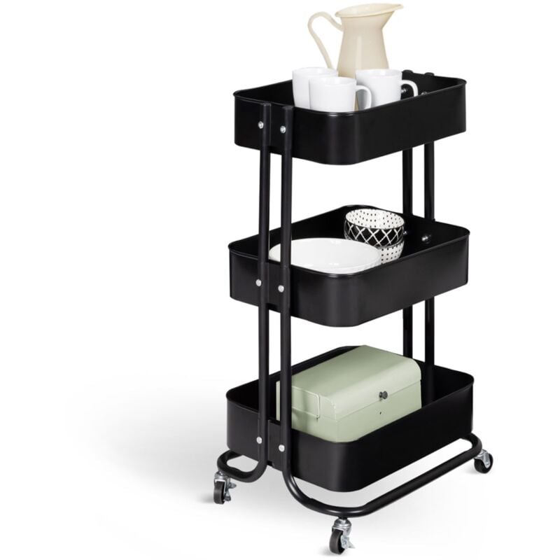 Chariot 3 niveaux desserte étagère de rangement à roulettes acier noir