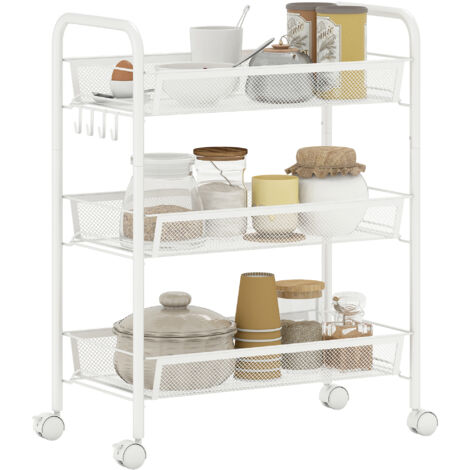 Chariot 3 niveaux paniers desserte roulettes chariot rangement roulante 45x26,5x63 cm blanc