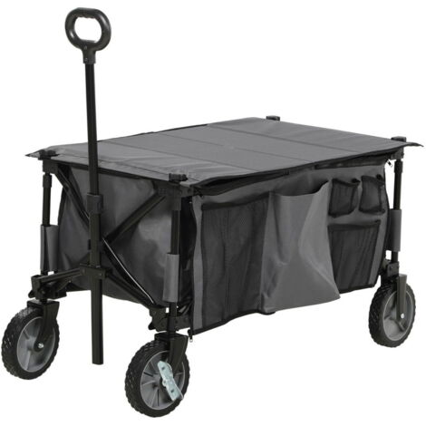 Chariot à bras, chariot de transport pliable avec poignée réglable, chariot de jardin avec poches latérales et planche pliante,
