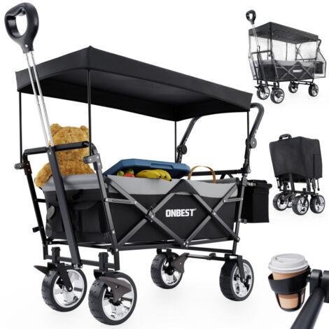 Chariot à bras chariot de transport pliable avec toit et housse amovible inclus sac isotherme Noir