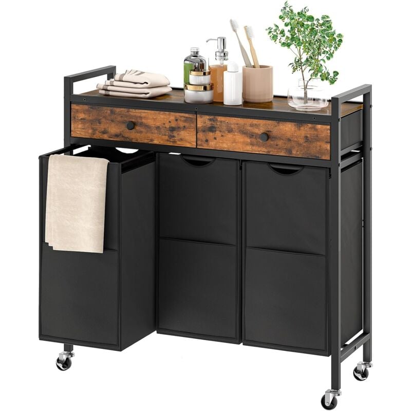 Chariot à Linge à 3 sections, Corbeille à Linge amovible et extractible, Panier à Linge avec 2 tiroirs, pour buanderie Hoobro EBF78XY01