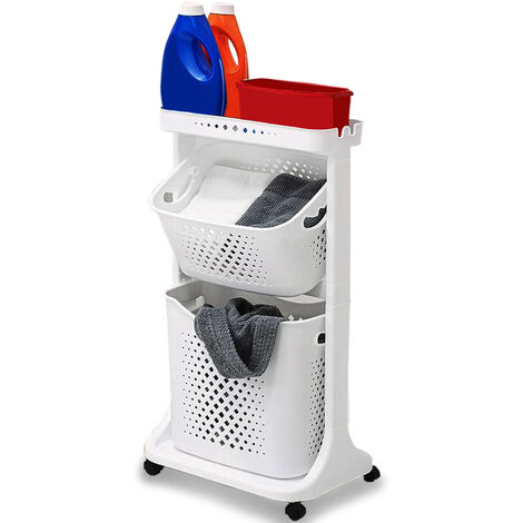 Chariot à linge peu encombrant Panier amovible de 2 litres 2 étagères Blanc