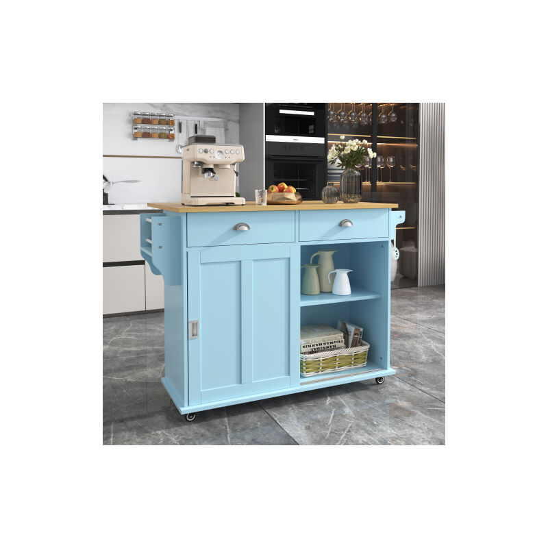 Chariot à manger/bureau, 112x40(70)x94 cm, Bleu, Plan de travail rabattable imitation bois massif, avec porte de rangement, roulettes & pieds